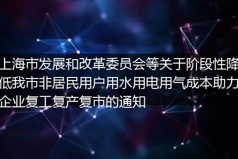 上海市发展和改革委员会等关于阶段性降低我市非居民用户用水用电用气成本助力企业复工复产复市的通知