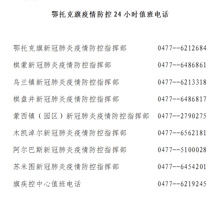鄂托克旗新新冠疫情防控措施及24小时咨询电话